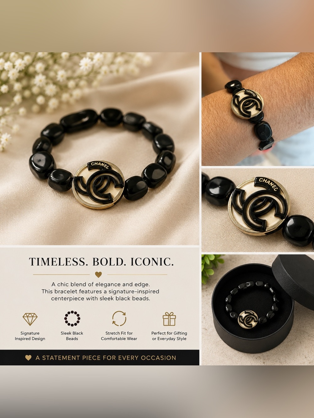 CHANEL Black and Gold CC Logo Beaded Stretch Bracelet